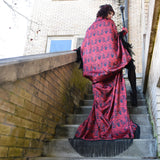 Red Art Nouveau Feather Bat Wing Dressing Gown Gothic Fringe Witch Occult Satanic Baphomet Demon WGT Duster Damask Devil Cocoon Robe Burgundy Poiret Kimono Flowing Black Magic 666 Queen Burlesque Costume Goddess Majestic Halloween New Orleans