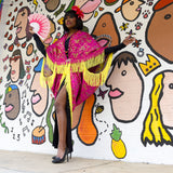 Pink Art Nouveau Paisley Bat Wing Fringe Dressing Gown Fortune Teller Cocoon Robe Bohemian Poiret Kimono Flowing Belly Dance Wrap Shawl Drag Queen Burlesque Fantasy Festival Costume Carnival Goddess Majestic Vaudeville Brocade Jezebel's Fascination