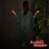 Art Deco Caftan Beach Cover Palm Leaf Scale Moroccan Mediterranean Wrap Shawl Golden Kaftan Tiki Kimono Emerald Green Burlesque Tropical Oasis Jewel Tone Cocoon Dressing Gown Caribbean Hukilau Damask Cruise Jezebel's Boudoir Carnival Festival