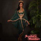 Art Deco Caftan Beach Cover Palm Leaf Scale Moroccan Mediterranean Wrap Shawl Golden Kaftan Tiki Kimono Emerald Green Burlesque Tropical Oasis Jewel Tone Cocoon Dressing Gown Caribbean Hukilau Damask Cruise Jezebel's Boudoir Carnival Festival
