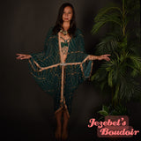 Art Deco Caftan Beach Cover Palm Leaf Scale Moroccan Mediterranean Wrap Shawl Golden Kaftan Tiki Kimono Emerald Green Burlesque Tropical Oasis Jewel Tone Cocoon Dressing Gown Caribbean Hukilau Damask Cruise Jezebel's Boudoir Carnival Festival