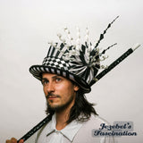 Mens Black White Striped Top Hat Mad Hatter Circus Ring Leader Side Show Dapper Day Costume Accessory Harlequin Diamonds Formal Dandy Dark Voodoo Vaudeville Cirque Festival Theater New Orleans Mardi Gras Lion Tamer Wonderland Underground Feather Funny