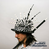 Mens Black White Striped Top Hat Mad Hatter Circus Ring Leader Side Show Dapper Day Costume Accessory Harlequin Diamonds Formal Dandy Dark Voodoo Vaudeville Cirque Festival Theater New Orleans Mardi Gras Lion Tamer Wonderland Underground Feather Funny