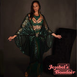 Emerald Green Sequin Art Nouveau Bat Wing Dressing Gown Cocoon Robe Duster Fortune Teller Gatsby Oracle Flowing Kimono 1920s Belly Dance Wrap Drag Queen Burlesque Dark Deco Theater Vaudeville Halloween Costume Carnival Goddess Majestic Jewel Tone
