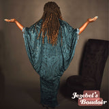 Teal Burn Out Velvet Jewel Tone Tassel Fringe Burlesque Robe Art Nouveau Fortune Teller Bat Wing Dressing Gown Kimono Cocoon Drag Queen Bohemian Flowing Theater 1920s Costume Duster Vaudeville Dance Jezebel's Boudoir Photoshoot Art Deco Romantic Majestic