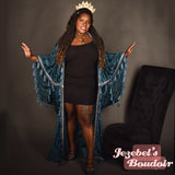 Teal Burn Out Velvet Jewel Tone Tassel Fringe Burlesque Robe Art Nouveau Fortune Teller Bat Wing Dressing Gown Kimono Cocoon Drag Queen Bohemian Flowing Theater 1920s Costume Duster Vaudeville Dance Jezebel's Boudoir Photoshoot Art Deco Romantic Majestic