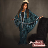 Teal Burn Out Velvet Jewel Tone Tassel Fringe Burlesque Robe Art Nouveau Fortune Teller Bat Wing Dressing Gown Kimono Cocoon Drag Queen Bohemian Flowing Theater 1920s Costume Duster Vaudeville Dance Jezebel's Boudoir Photoshoot Art Deco Romantic Majestic