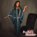 Teal Burn Out Velvet Jewel Tone Tassel Fringe Burlesque Robe Art Nouveau Fortune Teller Bat Wing Dressing Gown Kimono Cocoon Drag Queen Bohemian Flowing Theater 1920s Costume Duster Vaudeville Dance Jezebel's Boudoir Photoshoot Art Deco Romantic Majestic