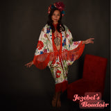 Velvet Art Nouveau Floral Bat Wing Botanical Boho Kimono Witch Dressing Gown Robe Floral Fringe Cocoon Bohemian Herbal Dance Flower Queen Wrap Fairy Festival Red White Blue Faerie Burlesque Jezebel's Boudoir Romantique Carnival