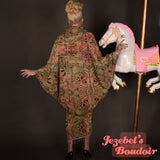 Art Nouveau Arabesque Sheer Fortune Teller Trippy Flowing Beaded Fringe Bat Wing Dressing Gown Oracle Bohemian Green Pink Red Purple Cocoon Robe Kimono Goddess Duster Belly Dance Wrap Costume Festival Boudoir Mardi Gras New Orleans Jezebel's Boudoir