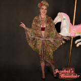 Art Nouveau Arabesque Sheer Fortune Teller Trippy Flowing Beaded Fringe Bat Wing Dressing Gown Oracle Bohemian Green Pink Red Purple Cocoon Robe Kimono Goddess Duster Belly Dance Wrap Costume Festival Boudoir Mardi Gras New Orleans Jezebel's Boudoir