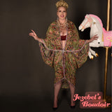 Art Nouveau Arabesque Sheer Fortune Teller Trippy Flowing Beaded Fringe Bat Wing Dressing Gown Oracle Bohemian Green Pink Red Purple Cocoon Robe Kimono Goddess Duster Belly Dance Wrap Costume Festival Boudoir Mardi Gras New Orleans Jezebel's Boudoir
