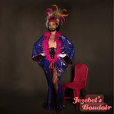 Reversible Mermaid Sequin Bat Wing Gown Cocoon Dressing Robe Lavender Hot Pink Feather Fringe Poiret Kimono Belly Dance Wrap Shawl Drag Queen Burlesque Duster Costume Mardi Gras Carnival Goddess Majestic Vaudeville Fantasy Jezebel's Boudoir Glamourous