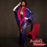 Reversible Mermaid Sequin Bat Wing Gown Cocoon Dressing Robe Lavender Hot Pink Feather Fringe Poiret Kimono Belly Dance Wrap Shawl Drag Queen Burlesque Duster Costume Mardi Gras Carnival Goddess Majestic Vaudeville Fantasy Jezebel's Boudoir Glamourous