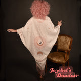 Celestial Moon Phases Star Kimono Fringe Duster Pastel Pink Fortune Teller Bohemian Oracle Goddess Bat Wing Witch Mystical Dressing Gown Oddity Festival Cocoon Robe Ethereal Art Nouveau Poiret Drag Queen Burlesque Costume Occult Priestess Carnival Dance