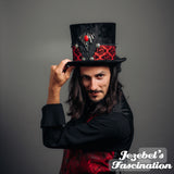 Vampire Mens Velvet Top Hat Bat WGT Victorian Weeper Funeral Costume Gothic Cryptic Dark Black Red Skull Masquerade Underground Ring Leader Cirque Festival Theater Unique Hand Made New Oreans Carnival Masquerade Ball Wedding Gothique Romantique Death