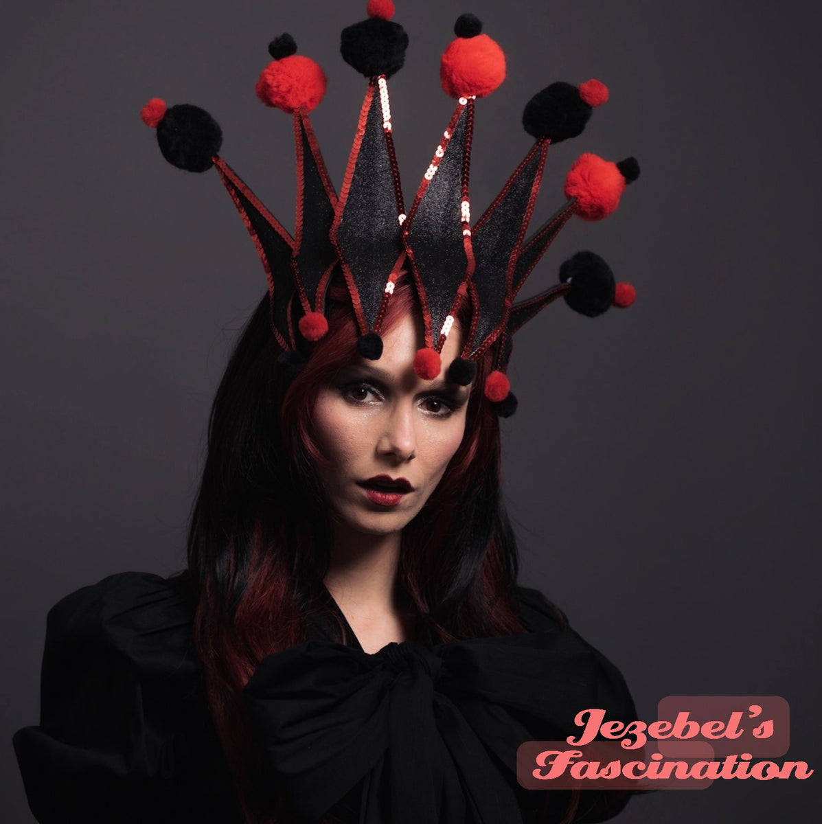 Harley Quinn Nerdlesque Jester Headdress Red Black Pom Pom Comic Con C