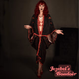 Mystical Snake Moon Phases Kimono Beaded Fringe Duster Magic Hands Gothic Fortune Teller Bohemian Oracle Goddess Bat Wing Witch Red Celestial Festival Cocoon Robe Dark Deco Black Poiret Serpent Queen Burlesque Costume Occult Gothic Romantic Priestess