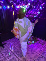 Absinthe Art Nouveau Little Green Faerie Bat Wing Kimono Dressing Gown Fairy Cocoon Robe Bohemian Golden Beaded Fringe Poiret Goddess Belly Dance Wrap Robette Burlesque Theater Costume Corset Fantasy Majestic Hand Made Jezebel's Fascination Boudoir