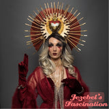 Immaculate Heart Gold Red Saint Halo Virgin Mary Crystal Headdress Catholic Sacred Majestic Crown Heavenly Bodies Headpiece Fantasy Zip Ties Fan Blood Costume Halloween Madonna Drag Queen of Hearts Maternity Festival Theater Unique New Orleans Novelty