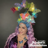 Rainbow Butterfly Neon Light Up Fantasy Crown EDC Burning Man Festival Vegan Headpiece Rave Flower Child Trippy Costume Headdress Drag Queen Mardi Gras Cosplay Carnival Electric Forest Lisa Frank Colorful Glitter Metallic Easter Spring Parade