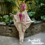 Sheer Orchid Caftan Beach Cover, Pink Cream Pearl Beaded Fringe Wrap, Glam Geisha Shawl, Floral Kaftan, Tiki Kimono Burlesque Tropical Oasis Cocoon Dressing Gown Beige Caribbean Cruise Japanese Polynesian Hukilau Viva Las Vegas Carnival Festival