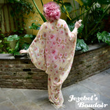Sheer Orchid Caftan Beach Cover, Pink Cream Pearl Beaded Fringe Wrap, Glam Geisha Shawl, Floral Kaftan, Tiki Kimono Burlesque Tropical Oasis Cocoon Dressing Gown Beige Caribbean Cruise Japanese Polynesian Hukilau Viva Las Vegas Carnival Festival