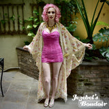 Sheer Orchid Caftan Beach Cover, Pink Cream Pearl Beaded Fringe Wrap, Glam Geisha Shawl, Floral Kaftan, Tiki Kimono Burlesque Tropical Oasis Cocoon Dressing Gown Beige Caribbean Cruise Japanese Polynesian Hukilau Viva Las Vegas Carnival Festival
