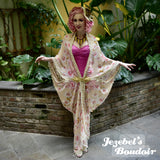 Sheer Orchid Caftan Beach Cover, Pink Cream Pearl Beaded Fringe Wrap, Glam Geisha Shawl, Floral Kaftan, Tiki Kimono Burlesque Tropical Oasis Cocoon Dressing Gown Beige Caribbean Cruise Japanese Polynesian Hukilau Viva Las Vegas Carnival Festival