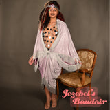 Lavender Art Nouveau Pink Iridescent Silver Fringe Duster Flapper Costume Burlesque Cover Gatsby Fantasy Bohemian Flowing Bat Wing Kimono Cocoon Poiret Fortune Teller Belly Dance Drag Queen Burlesque Fantasy Festival Carnival Goddess Majestic Purple