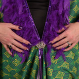 Art Nouveau Bat Wing Gown Mardi Gras Cocoon Dressing Robe Purple Feather Sequin Poiret Kimono Wrap Art Deco Green Gold Queen Burlesque Carnival Gatsby Flowing Costume Goddess Fantasy Empress Fortune Teller Majestic New Orleans Vaudeville Jezebel's Boudoir