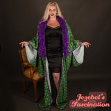 Art Nouveau Bat Wing Gown Mardi Gras Cocoon Dressing Robe Purple Feather Sequin Poiret Kimono Wrap Art Deco Green Gold Queen Burlesque Carnival Gatsby Flowing Costume Goddess Fantasy Empress Fortune Teller Majestic New Orleans Vaudeville Jezebel's Boudoir