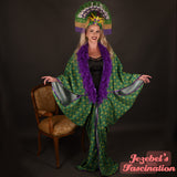Art Nouveau Bat Wing Gown Mardi Gras Cocoon Dressing Robe Purple Feather Sequin Poiret Kimono Wrap Art Deco Green Gold Queen Burlesque Carnival Gatsby Flowing Costume Goddess Fantasy Empress Fortune Teller Majestic New Orleans Vaudeville Jezebel's Boudoir