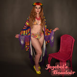 Rainbow Fortune Teller Art Nouveau Trippy Flowing Neon Bat Wing Mandala Dressing Gown Flower Oracle Bohemian Cocoon Robe Fringe Kimono Goddess Duster Belly Dance Wrap Burlesque Costume Festival Boudoir Mardi Gras New Orleans Jezebel's Fascination