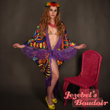 Rainbow Fortune Teller Art Nouveau Trippy Flowing Neon Bat Wing Mandala Dressing Gown Flower Oracle Bohemian Cocoon Robe Fringe Kimono Goddess Duster Belly Dance Wrap Burlesque Costume Festival Boudoir Mardi Gras New Orleans Jezebel's Fascination