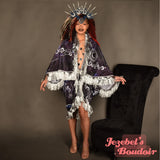 Astrology Art Nouveau Fringe Bat Wing Fortune Teller Dressing Gown Kimono Cocoon Robe Star Navy Blue Silver Zodiac Moon Duster Occult Priestess Belly Dance Wrap Wicca Burlesque Fantasy Flowing Costume Mystical Festival Goddess Majestic Bohemian Celestial