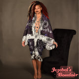 Astrology Art Nouveau Fringe Bat Wing Fortune Teller Dressing Gown Kimono Cocoon Robe Star Navy Blue Silver Zodiac Moon Duster Occult Priestess Belly Dance Wrap Wicca Burlesque Fantasy Flowing Costume Mystical Festival Goddess Majestic Bohemian Celestial
