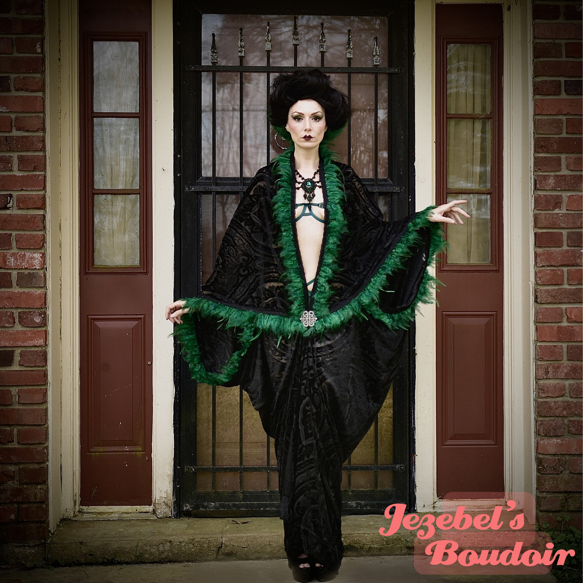 Black Burn Out Velvet Kimono, Green Feather Fringe Witchy Gothic Wrap,  Burlesque Robe, Art Nouveau Fortune Teller Bat Wing Dressing Gown, Cocoon  Drag