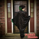 Black Burn Out Velvet Kimono, Green Feather Fringe Witchy Gothic Wrap, Burlesque Robe, Art Nouveau Fortune Teller Bat Wing Dressing Gown, Cocoon Drag Queen Bohemian Flowing Theater 1920s Costume Duster Jezebel's Boudoir Art Deco Romantic Majestic