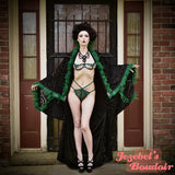 Black Burn Out Velvet Kimono, Green Feather Fringe Witchy Gothic Wrap, Burlesque Robe, Art Nouveau Fortune Teller Bat Wing Dressing Gown, Cocoon Drag Queen Bohemian Flowing Theater 1920s Costume Duster Jezebel's Boudoir Art Deco Romantic Majestic