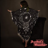 Crescent Moon Phases Crystal Kimono Beaded Fringe Duster Fortune Teller Bohemian Oracle Goddess Bat Wing Witch Dressing Gown Celestial Festival Cocoon Robe Art Nouveau Black White Poiret Hecate Drag Queen Burlesque Costume Occult Gothic Romantic Priestess
