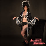 Crescent Moon Phases Crystal Kimono Beaded Fringe Duster Fortune Teller Bohemian Oracle Goddess Bat Wing Witch Dressing Gown Celestial Festival Cocoon Robe Art Nouveau Black White Poiret Hecate Drag Queen Burlesque Costume Occult Gothic Romantic Priestess