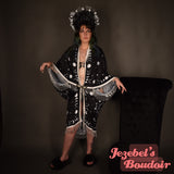 Crescent Moon Phases Crystal Kimono Beaded Fringe Duster Fortune Teller Bohemian Oracle Goddess Bat Wing Witch Dressing Gown Celestial Festival Cocoon Robe Art Nouveau Black White Poiret Hecate Drag Queen Burlesque Costume Occult Gothic Romantic Priestess