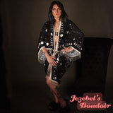Crescent Moon Phases Crystal Kimono Beaded Fringe Duster Fortune Teller Bohemian Oracle Goddess Bat Wing Witch Dressing Gown Celestial Festival Cocoon Robe Art Nouveau Black White Poiret Hecate Drag Queen Burlesque Costume Occult Gothic Romantic Priestess