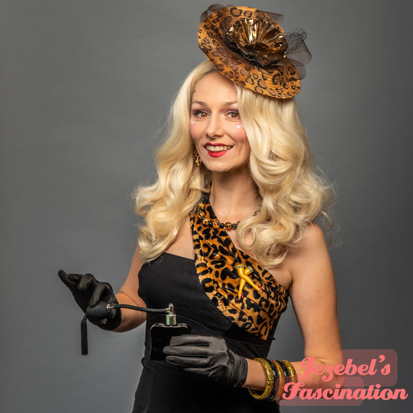 Leopard Gold Veil Formal Hat Animal Print Dapper Day Fascinator Pin Up Gold Flower Headpiece Wedding Garden Tea Party Brown Birdcage Veil Formal Brass Hatinator Spotted Headwear Unique Festival Pin Up Hand Made New Orleans Dance Carnival Drag Queen Races