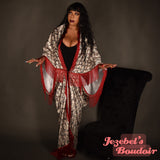 Cherry Blossom Art Nouveau Kimono Bat Wing Goddess Dressing Gown Red Black Geisha Cocoon Robe Fringe Bohemian Poiret Flowing Wrap Drag Queen Burlesque Dance Carnival Drop Waist Theater Costume Majestic Jezebel's Boudoir Duster Boho