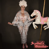 White Lace Art Nouveau Sheer Bridal Romantic Bat Wing Dressing Gown Fortune Teller Cocoon Robe Silver Burlesque Oracle Kimono Empress Elf Goddess Fantasy Majestic Wedding Drag Queen Art Deco Theater Costume Flowing Vaudeville Priestess Jezebel's Boudoir