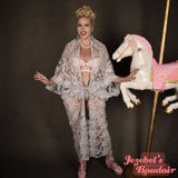 White Lace Art Nouveau Sheer Bridal Romantic Bat Wing Dressing Gown Fortune Teller Cocoon Robe Silver Burlesque Oracle Kimono Empress Elf Goddess Fantasy Majestic Wedding Drag Queen Art Deco Theater Costume Flowing Vaudeville Priestess Jezebel's Boudoir