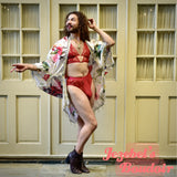 Mystical Snake Floral Kimono, Star Beaded Fringe Duster, Celestial Garden Bohemian Oracle Goddess Bat Wing Witch Red Festival Cocoon Robe, Black Poiret Serpent Queen Burlesque Costume Occult Priestess