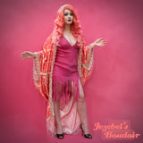 Champagne New Year's Eve Beaded Fringe Art Deco, Pink Golden Bat Wing Burlesque Flowing Dressing Gown, 1920s Cocoon Robe Flapper Kimono Gatsby Erte NYE Theater Costume Reveal Poiret Mardi Gras Drag Queen Drop Waist Jezebel's Fascination Boudoir Vaudeville